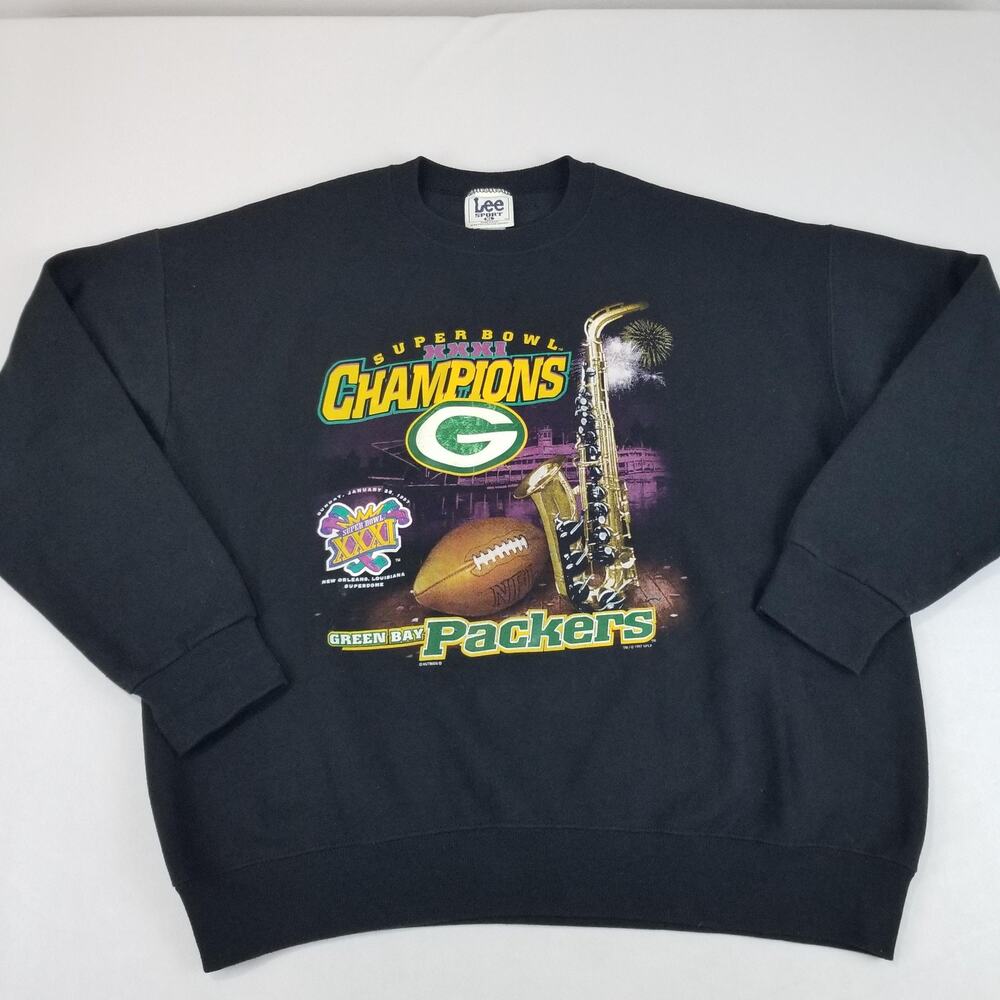 Green Bay Packers Super Bowl XXXI NFL Sweatshirt Mens XL Black Vintage USA Made - Picture 1 of 8